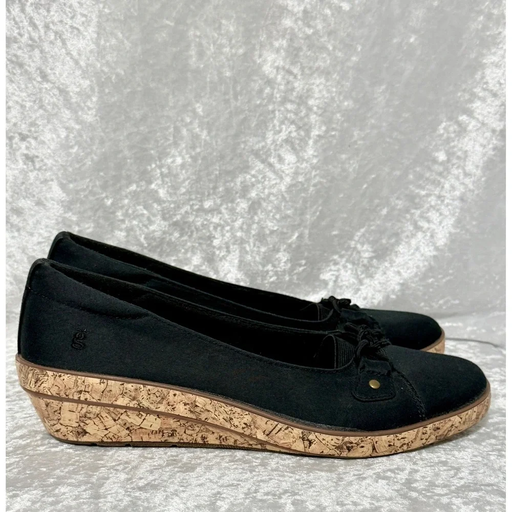 Grasshoppers Betty Black Fabric Cork Wedge Ortholite Slip On Shoes EF57920 8M